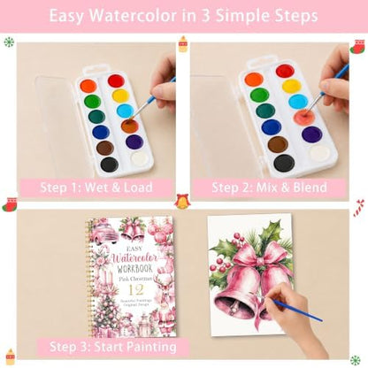 Christmas Gift, Pink Christmas Watercolor Workbook, Water Coloring Book with Pink Xmas Designs, 12 Beautiful Xmas Paintings Designs, Watercolor Book Set with Palette and Brush, Relaxing Art Beginners - Image 3