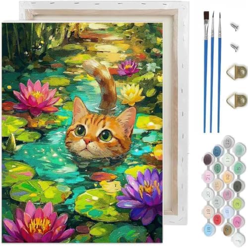 Paint by Numbers Kit for Adults-Pond Cat,DIY Canvas Oil Painting 10x12In by TCDZMYGS