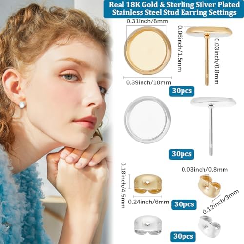 Beebeecraft 1 Box 60Pcs 8mm Blank Stud Bezel Settings 18K Gold & 925 Sterling Silver Plated Stainless Steel Flat Round Stud Earring Settings with Ear Nuts for Jewelry Making - Image 2