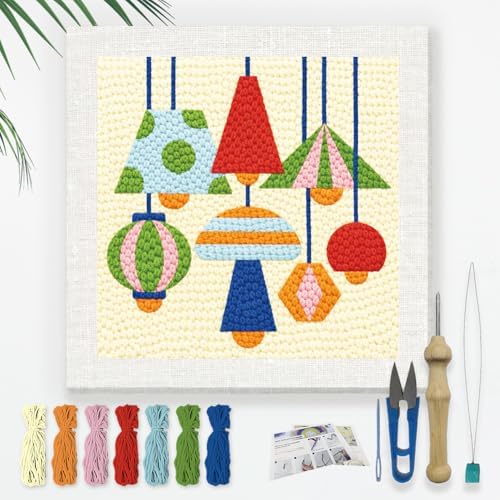 DOODLREAM Pendant Lamps Needle Kit for Beginner, 9.4"x 9.4" Geometric Light Fixture Punch Stitching Craft Set, DIY Embroidery Starter with Printed Frame, Instruction, Threader, Yarn, Pinch Needle by Doodlream