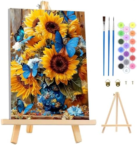 MAXBYE Framed Paint by Numbers Kits for Adults Beginners with Wooden Easel, Sunflower Crafts Art Kit with Frame, DIY Butterfly Canvas by Numbers for Gift Home Wall Decor 10×14 in by MAXBYE
