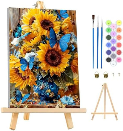 MAXBYE Framed Paint by Numbers Kits for Adults Beginners with Wooden Easel, Sunflower Crafts Art Kit with Frame, DIY Butterfly Canvas by Numbers for Gift Home Wall Decor 10×14 in by MAXBYE