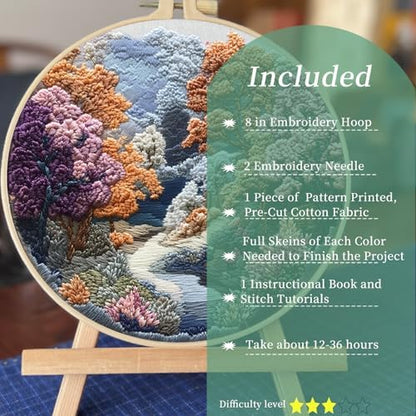 FONNUY Embroidery Kit for Beginners, Boho Nature Landscape Pre-Stamped Pattern Kits for Adults with Hoop, Easy to Follow Color Thread Needlework, 8'' Hoop (Late Spring) - Image 2