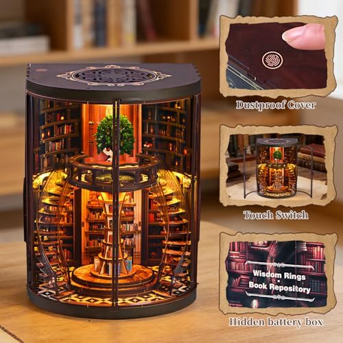 Book Nook Kit for Adult-3D Wooden Puzzles Miniature Library Bookshelf Insert Bookend Decor，Adult Miniature Model with LED Light and Dust Cover, Touch Switch, Adult Craft Kits Gift - Image 5
