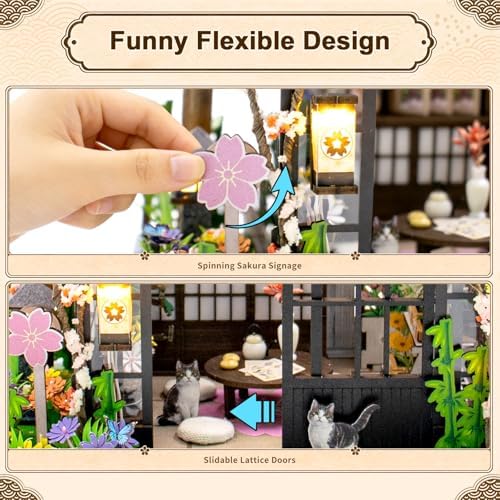 DIY Miniature House Kit, Sakura Greenhouse Tiny 3D Wooden House Making Set for Adults, Dollhouse Bookshelf Decor with Furniture & LED Lights, Christmas Birthday Craft Gift for Friend - Image 5