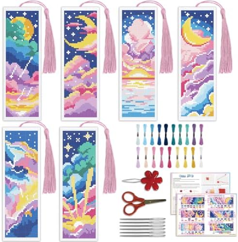ACRNIGHEET 6PCS Cross Stitch Bookmark Kit for Beginner Colorful Clouds Stamped Cross Stitch Kits Needlepoint Kit for Adults DIY Tassel Embroidery Bookmark Kits & Instructions Craft Gift 8.5"x3" 11CT by ACRNIGHEET
