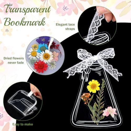 Faccito 135 Pcs Dried Flower Bookmark Making Kit Spring Craft 80 Pressed Flower and 50 Transparent Bookmarks with Hole Puncher Lace Tweezer DIY Book Mark Kits for Classroom Students Adults Party - Image 4