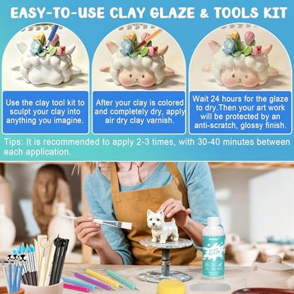 Aukney 100ML Air Dry Clay Varnish and 29pcs Tool Kit, High Gloss Air Dry Clay Glaze, Sealant, Prevent Clay from Cracking, and Scratch Resistant - Pottery Tools for Stippling, Shaping Clay Crafts - Image 2