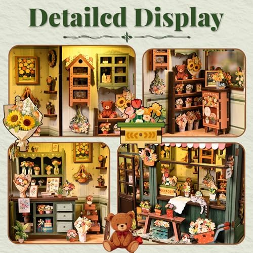 DIY Book Nook Kit with LED Light, Miniature Dollhouse, 3D Wooden Puzzle, Bookshelf Insert Decor Craft Gift (Flower House) - Image 5