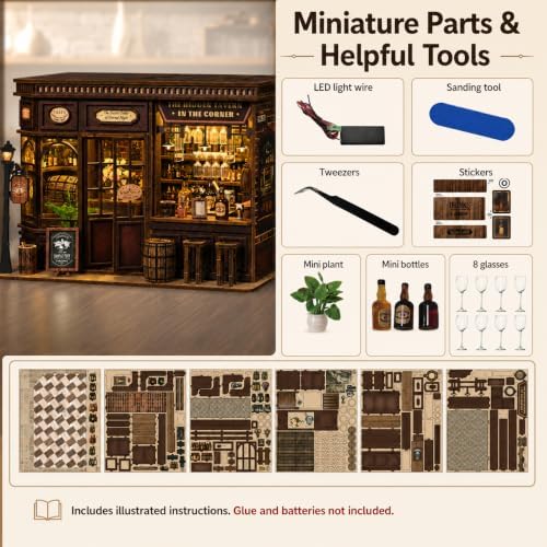 Corner Tavern Book Nook Kit for Adults, DIY 3D Wooden Puzzle with LED Light - Image 6