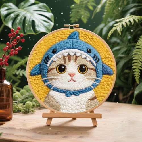 BEUNITONE Shark Cat Punch Needle Kit for Adults Beginners, Complete DIY Craft Needlepoint Kits with Hoop, Punch Needle Starter Craft Embroidery Set for Handmade Decor & Stitching Projects 7.9X7.9" - Image 4
