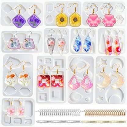 92 Pcs 12 Pack Resin Jewelry Making Kit, Silicone Earring Molds with Gold & Silver Hooks & Jump Rings, Flexible Non-Stick Molds for Epoxy Resin Casting, DIY Craft by AQXYTK