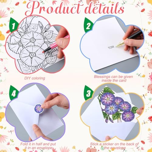 Gueevin 24 Pcs Flowers Coloring Greeting Cards with Envelopes, 4x6 - Image 3