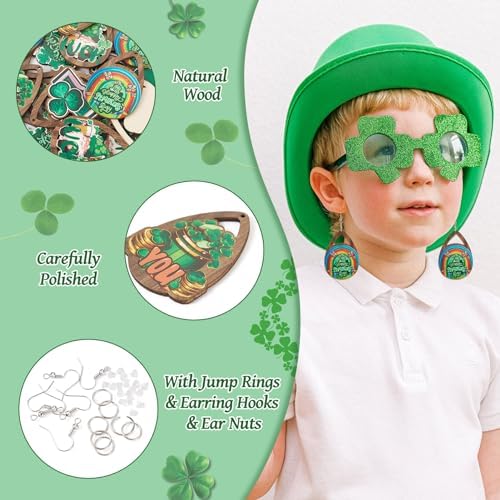 EEE ELECRELIVE 20Pcs St. Patrick's Day Earring Charms Wooden Dangle Earrings Green Leaf Wood Earrings Teardrop Wood Pendants Shamrock Charms with Earring Hooks for Women Jewelry - Image 4