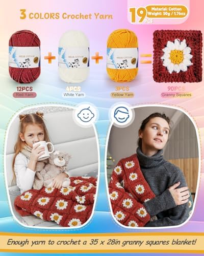 Coopay Crochet Kit for Beginners, Granny Square Crochet Blanket Kit, Red - Image 4