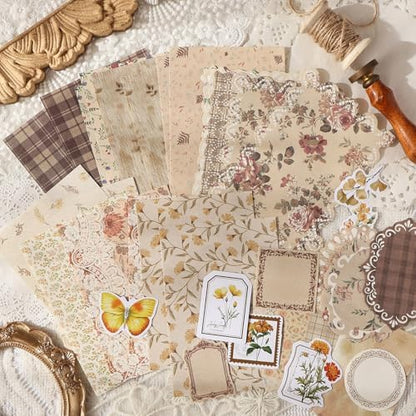 OKUPAN Scrapbook Supplies Kit – 100Pcs Vintage Floral Scrapbook Paper & Junk Journal Stickers, Journaling Supplies for Bullet Journaling, Retro Crafts, Mixed Media, Planner, Collage Card Album(Yellow) - Image 2