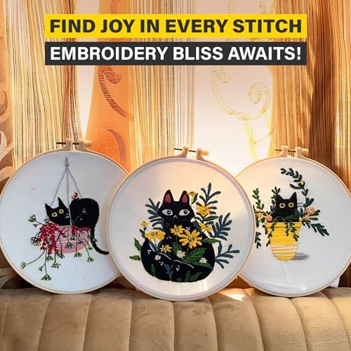 The ZenStore Embroidery Kit for Beginners – Black Cats & Kittens 3 Pattern Set – Complete DIY Needlepoint Kit with Hoops, Thread, Fabric, and Tools – Cute Animal Cat Embroidery Gift - Image 5