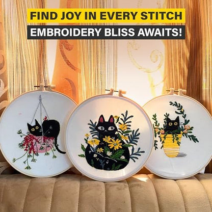The ZenStore Embroidery Kit for Beginners – Black Cats & Kittens 3 Pattern Set – Complete DIY Needlepoint Kit with Hoops, Thread, Fabric, and Tools – Cute Animal Cat Embroidery Gift - Image 5