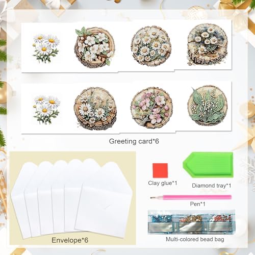 6 Pack Diamond Painting Greeting Card Kits with Envelopes, 5D Handmade Floral Wooden Slice Cards, DIY Crystal Rhinestone Diamond Art Cards for Christmas, Birthday, Thanksgiving, and Holidays - Image 3