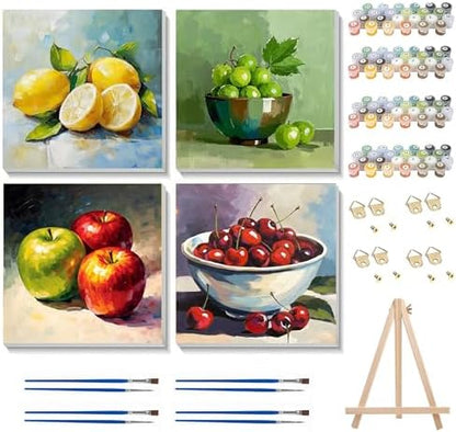 Ycydilirab 4 Pack Fruit Paint by Numbers Kit for Adults with Framed Wooden Easel - Fruit Adult Paint by Number,Paint by Number Canvas for Adults Gifts Home Wall Decor 8×8 inch by Ycydilirab
