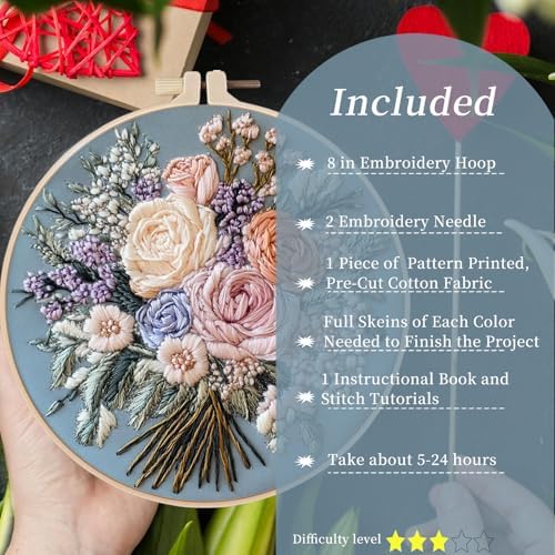 FONNUY Bouquet Flowers Embroidery Kit for Beginners, Pre-Stamped Pattern Kits for Adults with Hoop, Easy to Follow Color Thread Needlework, 8'' Hoop (Captivating Allure) - Image 3