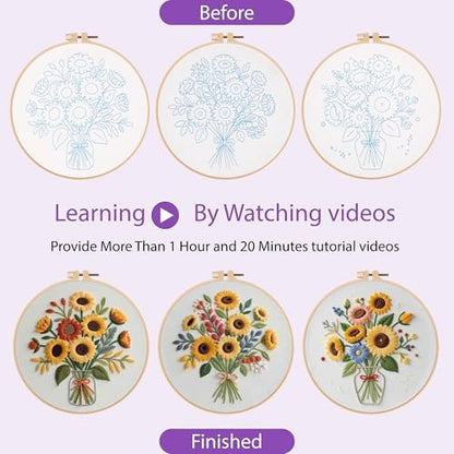 Uniartfy 3 Sets Sunflower Embroidery Kits for Beginners, Needlepoint Kits for Adults, Cross Stitch Kit with Cloth, Hoop, Threads and Instruction, Easy to Learn Embroidery Starter Kit for Craft Lover - Image 4