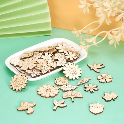90Pcs Unfinished Wooden Earring Charms Unfinished Wood Cutouts Flower Mushroom Leaf Wood Pieces Wooden Earring Blanks for Painting Crafts Hainging Ornament Home Dercoration - Image 2