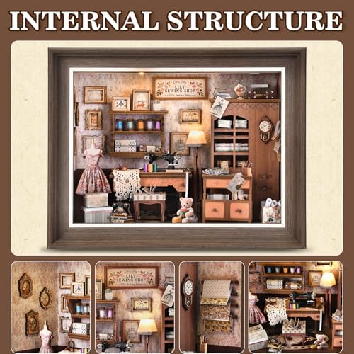 Book Nook Kit - 3D Wooden Puzzle with LED Switch Control & Wall-Mountable Frame，DIY Miniature House for Beginners，Bookshelf/Tabletop/Wall Decor for Craft Lovers，Dollhouse Gift (Lily Sewing Shop) - Image 4
