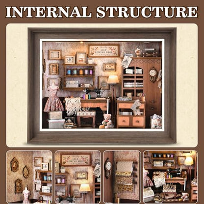 Book Nook Kit - 3D Wooden Puzzle with LED Switch Control & Wall-Mountable Frame，DIY Miniature House for Beginners，Bookshelf/Tabletop/Wall Decor for Craft Lovers，Dollhouse Gift (Lily Sewing Shop) - Image 4