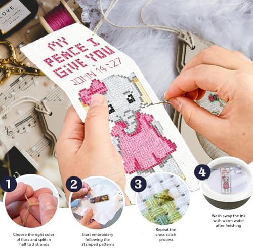 INFUNLY 6 Pcs Cute Elephant Cross Stitch Bookmark Kit with Tassels, Stamped Pre-Printed Bible Verse Embroidery for Adults Beginners, DIY Floss Scissors Needles Tool Set, Craft Gift for Book Lovers - Image 4