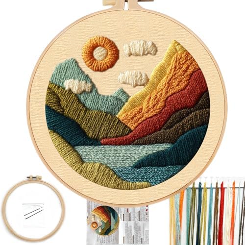FONNUY Embroidery Kit for Beginners, Textured Vibrant Nature Landscape Pre-Stamped Pattern Kits for Adults with Hoop, Easy to Follow Color Thread Needlework, 8'' Hoop (Green 1) by FONNUY
