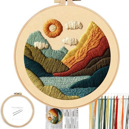 FONNUY Embroidery Kit for Beginners, Textured Vibrant Nature Landscape Pre-Stamped Pattern Kits for Adults with Hoop, Easy to Follow Color Thread Needlework, 8'' Hoop (Green 1) by FONNUY