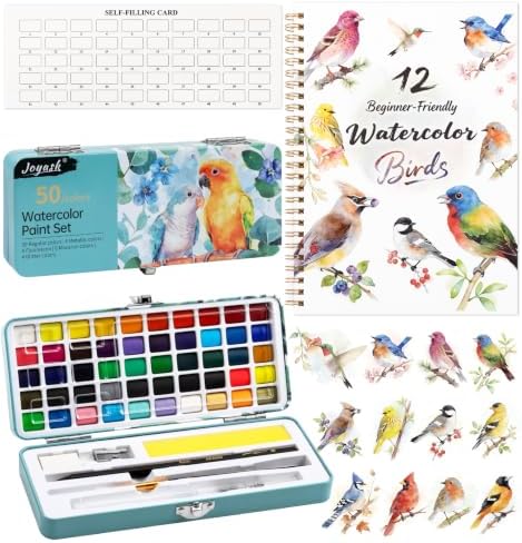 Watercolor Workbook with 12 Bird Patterns, 50 Colors Watercolor Paint Set by Joyask
