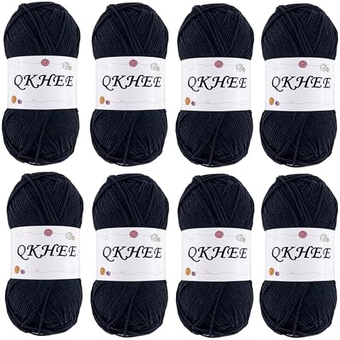 Yarn for Crocheting and Knitting 8 * 1.76 Oz (50G) /195yd, Fine/Fingering Weight (1), 60% Cotton 40% Acrylic Soft Yarn kit for Making Granny Squares and amigurumi (Black) by QKHEE