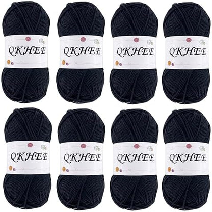 Yarn for Crocheting and Knitting 8 * 1.76 Oz (50G) /195yd, Fine/Fingering Weight (1), 60% Cotton 40% Acrylic Soft Yarn kit for Making Granny Squares and amigurumi (Black) by QKHEE