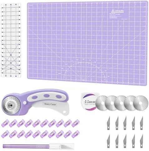 Rotary Cutter Set Purple - Quilting Kit incl. 45mm Fabric Cutter, 5 Replacement Blades, A2 Cutting Mat, Acrylic Quilting Ruler, Sewing Clips, Craft Knife Set, Ideal for Crafting, Sewing, Patchworking by HeadleyTools