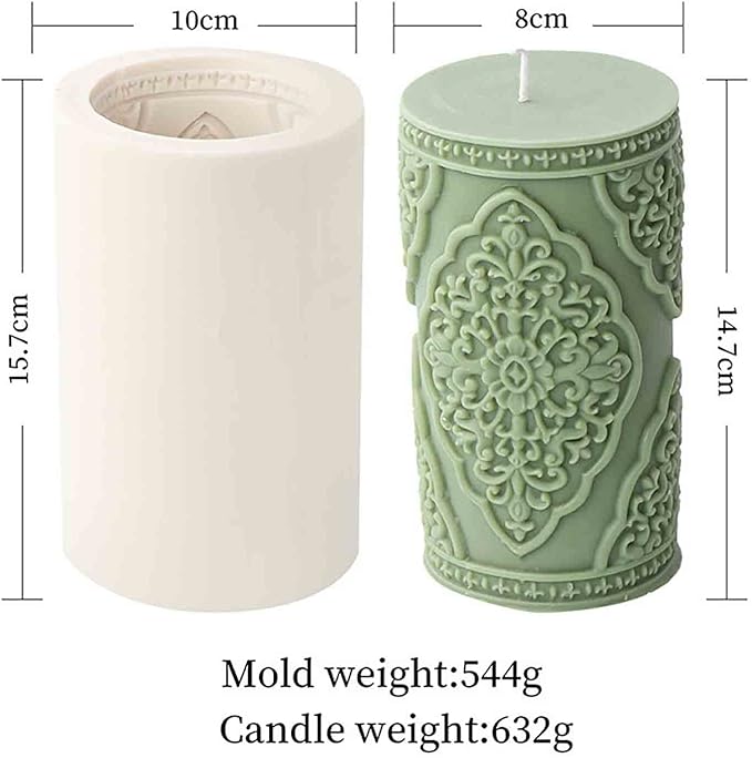 Grainrain 3D Large Lace Flower Column Silicone Candle Mold Decorated Pillar Candle Mould Handcrafted Silicone Molds for Candle Wax Resin Gyspum Crafts Making Large Size (ZH025)
