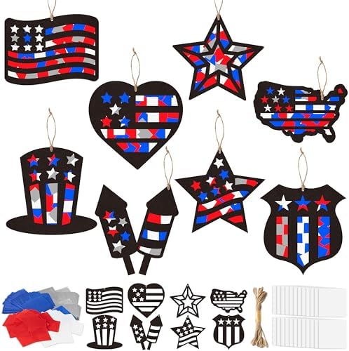 CJiangpo 24 Sets Independence Day Suncatcher Paper Craft Kits, DIY Stained Glass Effect Window Ornament Tissue Paper Art Craft for Classroom Activities 4th of July Patriotic Decors Party Supplies by CJiangpo