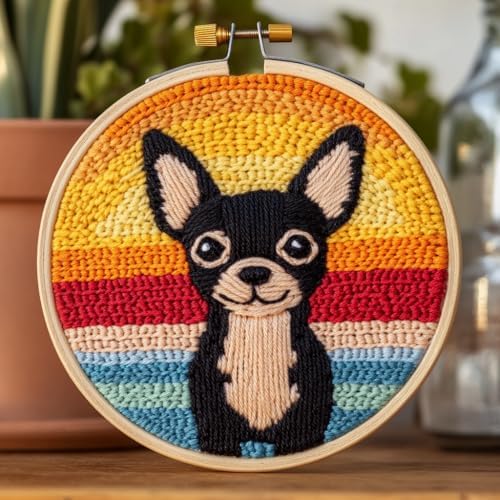 DIY Punch Needle Kits Black Chihuahua with Sunset with Hoop 20x20cm-1 by Unknown