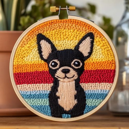 DIY Punch Needle Kits Black Chihuahua with Sunset with Hoop 20x20cm-1 by Unknown