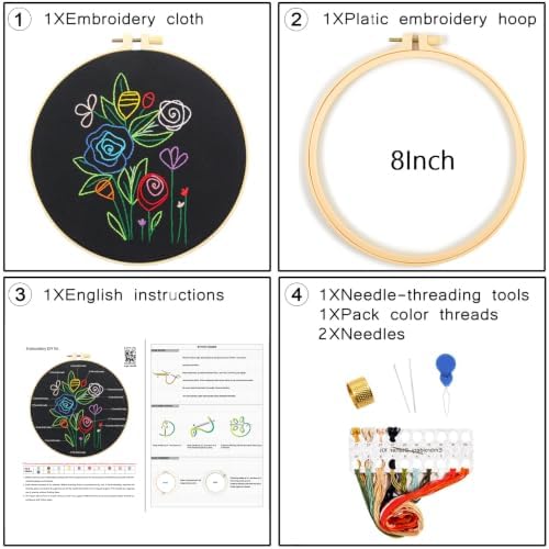 Flowers Embroidery Kits for Adults Beginners, Embroidery Starters Kit, Floral Stamped Cross Stitch Kits Needlepoint Kits for for Beginners Adults Valentine's Day Gifts, Embroidery Hoop, Video Tutorial - Image 4