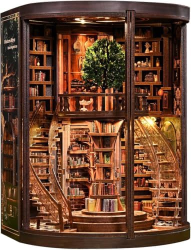 Wisdom Library Book Nook Kit for Adults - 3D Wooden Puzzle with LED Lights, Miniature Dollhouse Bookshelf Decor, Model Building Craft Set, Relaxing DIY Gift for Book Lovers, Teens, and Family by Lovelyhome