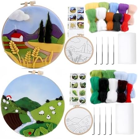 Wonafa DIY Wool Needle Felt Starter Kit, Beginner Needle Felt Kit with Wool Felt Bag, Felts Needles, Photo Frame, Foam Mat, Felts Cloth and Instructions for Home Decor, Art Crafts (Idyllic Scenery) by Wonafa