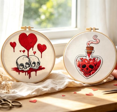 Halloween Goth Embroidery Kits for Beginners Adults, Dark Skull Embroidery Sets Needlepoint Kits, Halloween Stamped Cross Stitch Kits for Beginners Adults, 2 Embroidery Hoops (Attached Video Tutorial) - Image 2
