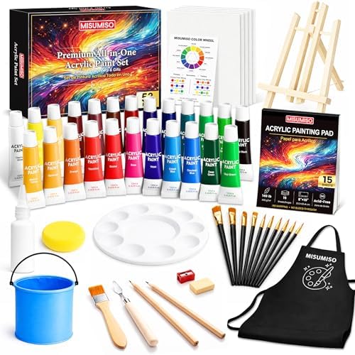 MISUMISO Acrylic Paint Set for Beginners - 24 Colors Painting Kit with Canvas Panels, Easel, 10 Brushes, Apron, Palette & Accessories - Art Kit Painting Supplies for Adults Kids Teens, Gift Set by Misumiso