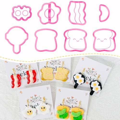 Xaekicr 8Pcs Breakfast Theme Polymer Clay Cutters Set – Toast, Bacon, Egg Shapes | Fun Clay Earring Cutters | Polymer Clay Molds for Jewelry Making | Clay Tools for DIY Crafts by Xaekicr