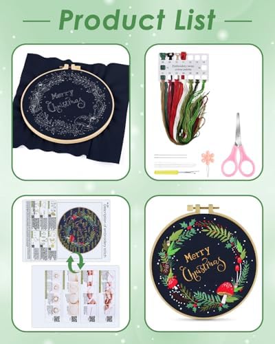 ERKOON Christmas Embroidery Kit for Beginners, Cross Stitch Set for Include Embroidery Cloth Hoops Threads for Craft Lover Hand Stitch with Embroidery Skill Techniques (Christmas Wreaths) - Image 2