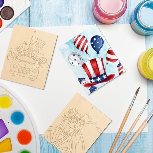 COCHIE 10 Pieces Large 4th of July Unfinished Wood Crafts to Paint for Adults, Bulk Predrilled Wooden Ornaments for Painting, Independence Day Paintable Wood Slices Craft Supplies with Ropes - Image 7