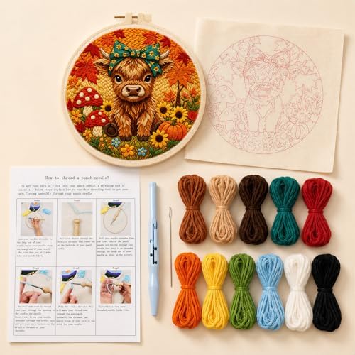 ZMHKJZDQ Punch Needle Kits for Beginners,DIY Punch Needle Embroidery with Fabric, Hoops, Yarns and Sewing Needles for Adults Children Festival Gift and Home Decor, 20x20cm (Maple Leaf Highland Cow) - Image 2