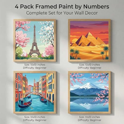 Amphol Framed Paint by Numbers Kit for Adults, Landmarks 4 Pack Paint by Number Kit for Beginners wtih Frame, DIY Landscape Oil Painting Arts on 10”x10” Framed Canvas, Great Home Wall Decor Gift - Image 2